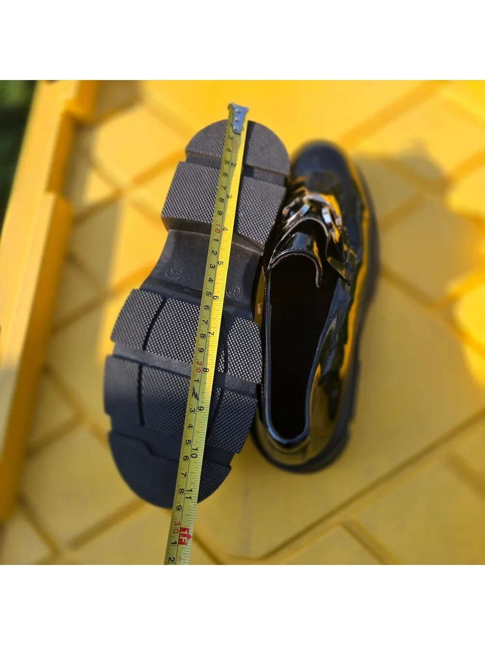 Black Patent Leather Chunky Loafers with Gold Buckle Detail